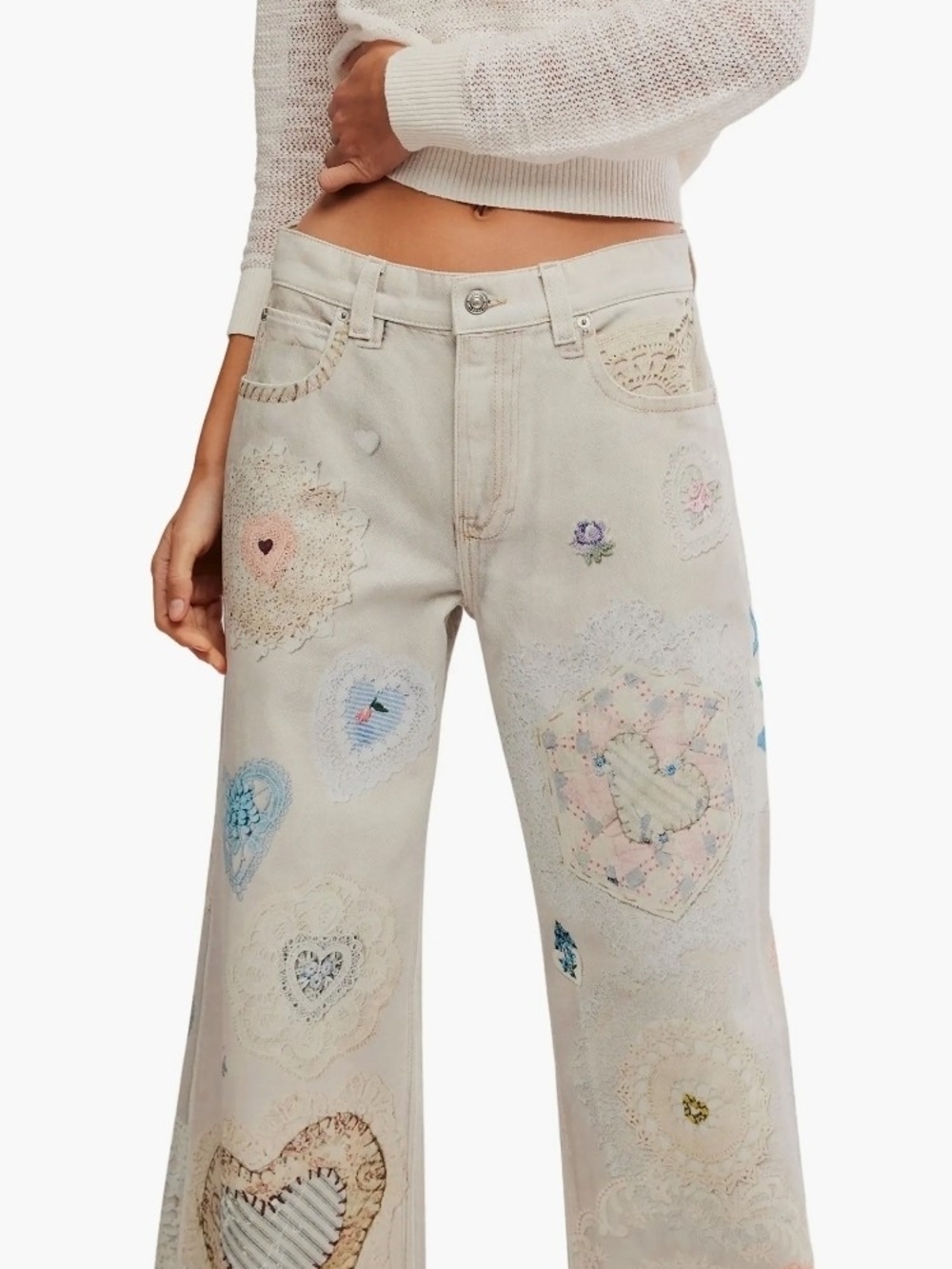 Free People Tinsley Printed Jeans Wide Leg Jeans in Cream Size 25 NWT - Picture 3 of 6